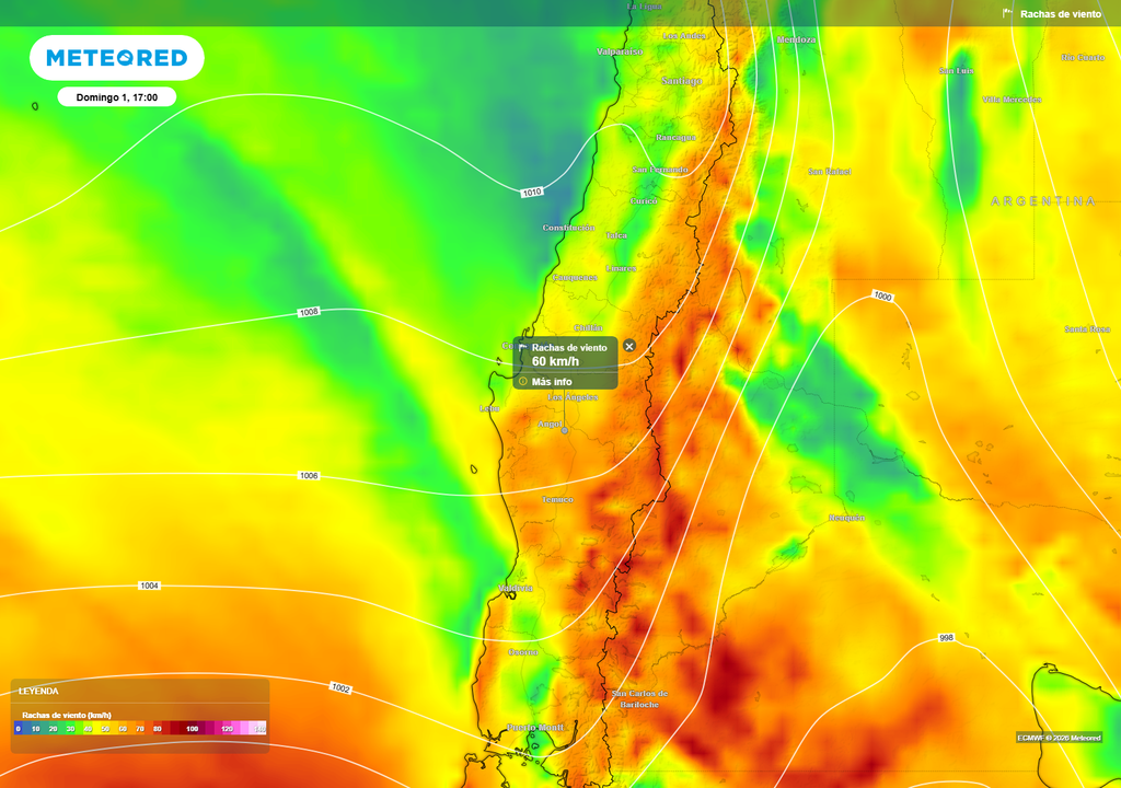 Rachas de viento alcanzan hasta 60 km/h en sectores del centro-sur, especialmente entre Maule y La Araucanía, asociadas al avance del sistema frontal y al marcado gradiente de presión.