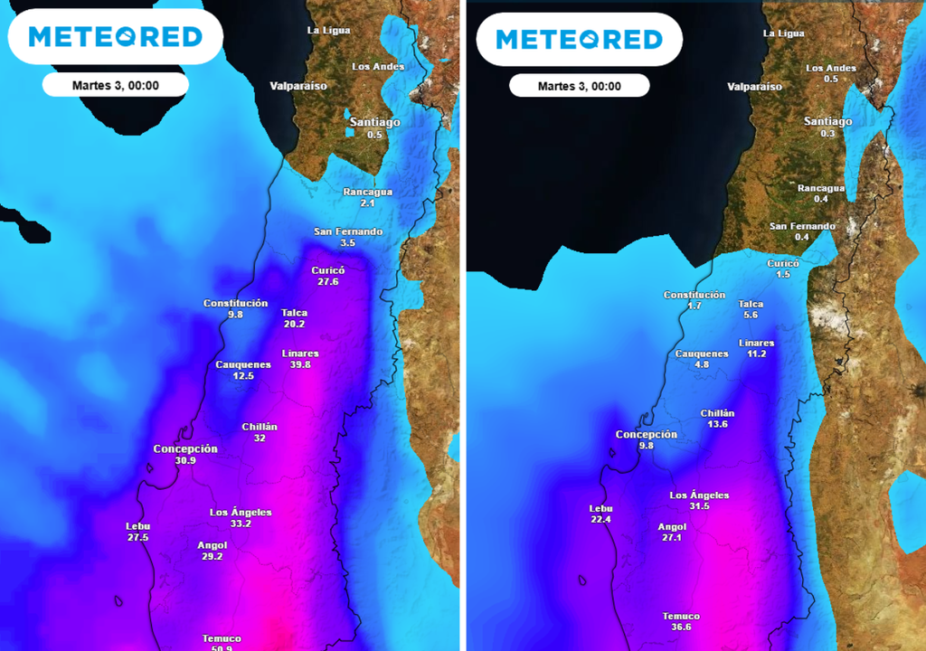 Izquierda: el ECMWF proyecta acumulados superiores a 30 mm entre Maule y La Araucanía. Derecha: el GFS muestra montos más acotados y concentra las lluvias en el centro-sur y sur.