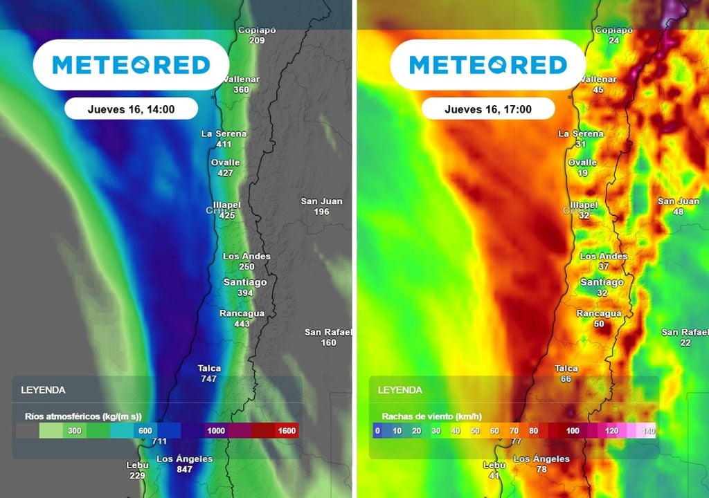 Río atmosférico y rachas de viento Modelo europeo: río atmosférico de gran intensidad y fuertes rachas de viento marcarían el evento en la Región Metropolitana esta semana.