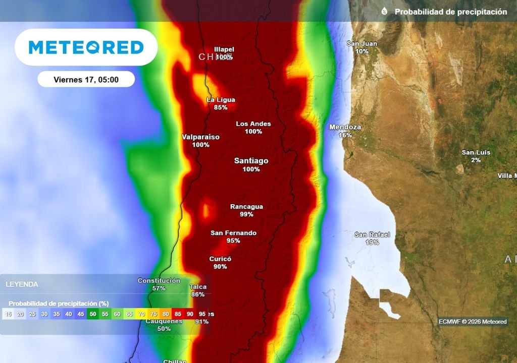 Probabilidad de precipitaciones Innegable llegada de las lluvias a Santiago: modelo europeo prevé una probabilidad del 100 % el próximo viernes.