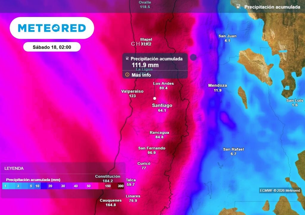 Precipitación acumulada Atención: zonas de la Región Metropolitana superarían los 100 mm de agua caída durante dos días.