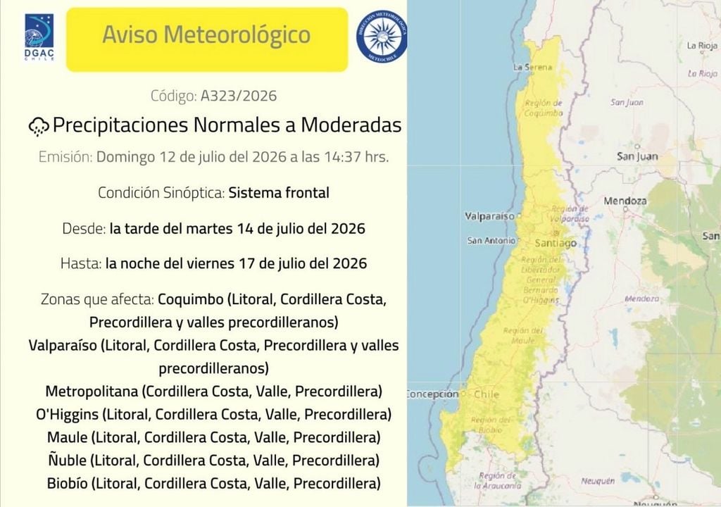 Aviso DMC El aviso de la DMC considera acumulados superiores a los 70 mm en la Región Metropolitana entre jueves y viernes.