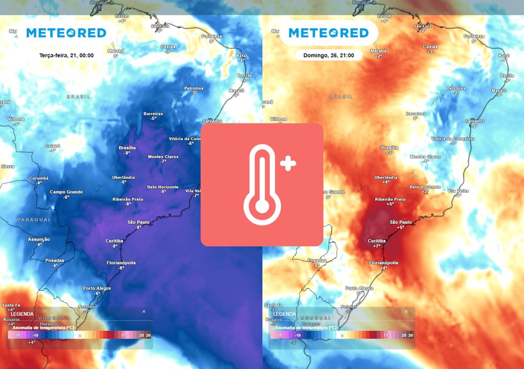 Previsão de anomalias de temperatura em 850 hPa nesta terça-feira (esquerda) e no domingo (direita). Previsão de anomalias de temperatura em 850 hPa nesta terça-feira (esquerda) e no domingo (direita).