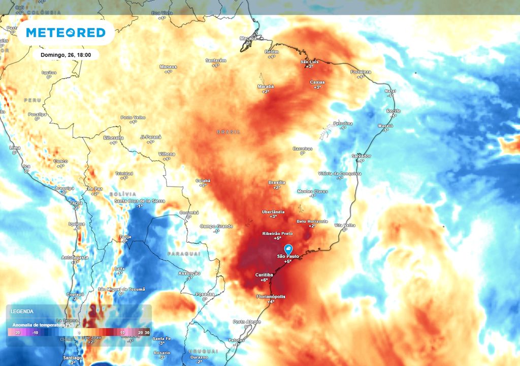 Previsão de anomalias de temperatura em 850 hPa no domingo. Previsão de anomalias de temperatura em 850 hPa no domingo.