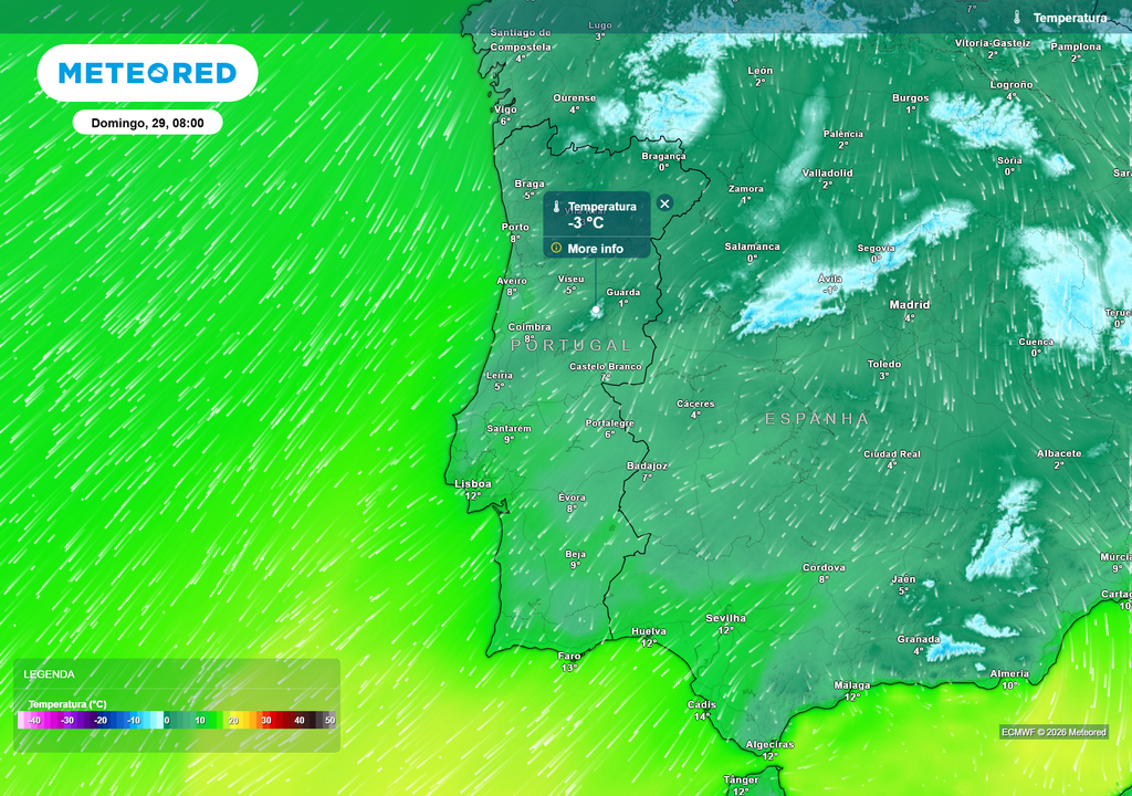 Madrugada de domingo será a mais fria, com temperaturas negativas no interior Norte e valores próximos de 0 ºC em várias regiões.
