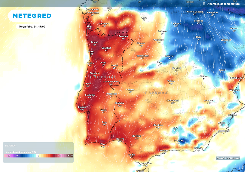 Temperaturas acima da média para a época. Tons vermelhos indicam valores superiores ao normal em todo o território continental.