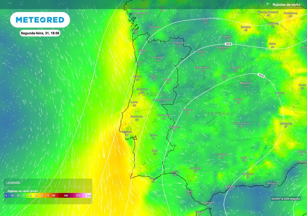 O vento de norte e noroeste deverá intensificar-se durante a tarde de segunda-feira na faixa ocidental, com rajadas próximas dos 40 km/h entre o litoral Centro e a região de Lisboa.