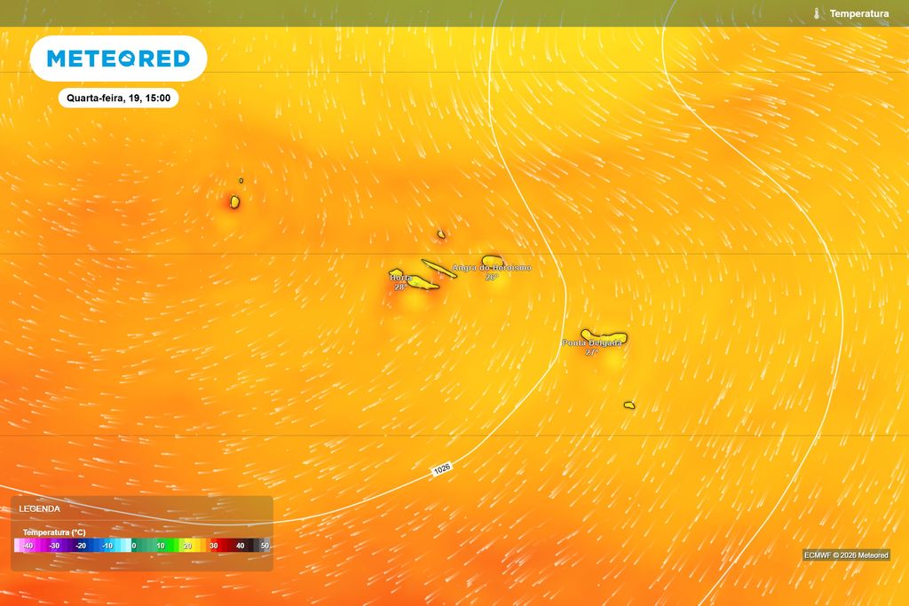 O modelo europeu prevê uma tarde relativamente quente no arquipélago, com valores próximos dos 28 ºC na Horta e dos 27 ºC em Ponta Delgada.
