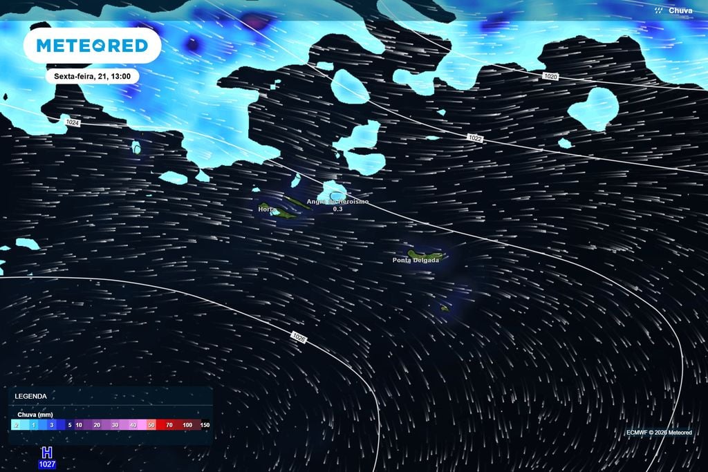 O ECMWF projeta áreas de precipitação nas proximidades do arquipélago, com maior incidência prevista em setores dos grupos Ocidental e Central.
