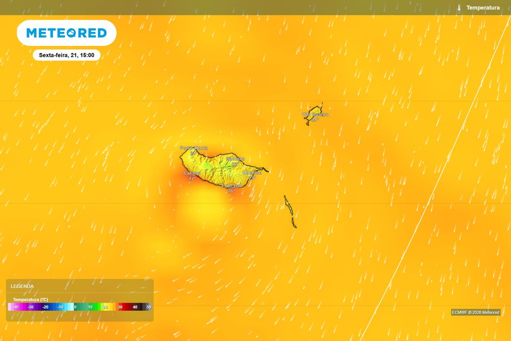 Na sexta-feira, o ECMWF prevê valores próximos dos 27 ºC na costa sudoeste e cerca de 26 ºC no Funchal, com temperaturas mais baixas no norte da ilha.