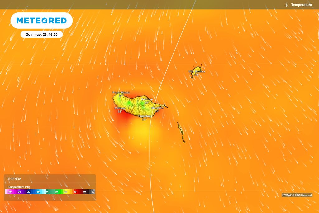 O ECMWF projeta uma tarde quente em partes da Madeira, com valores próximos dos 28 ºC na costa sudoeste e temperaturas geralmente superiores a 20 ºC no restante território.