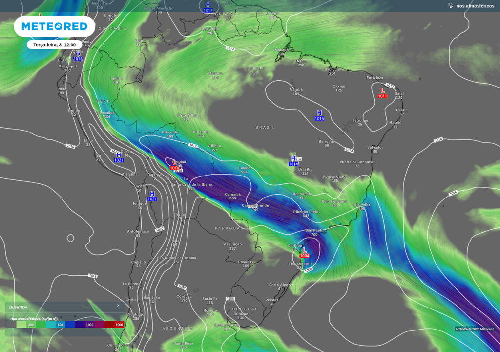 Previsão de formação de ciclone (L) na costa Sul do Brasil e rio atmosférico na terça-feira (3), de acordo com o ECMWF.