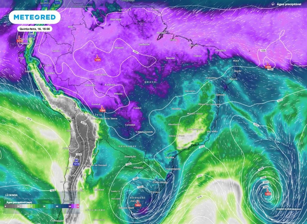 Previsão de água precipitável e pressão a nível médio do mar para a tarde desta quinta-feira (16).