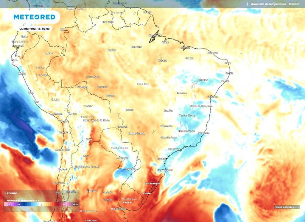 Anomalia de temperatura em 850 hPa para a manhã desta quinta (16).
