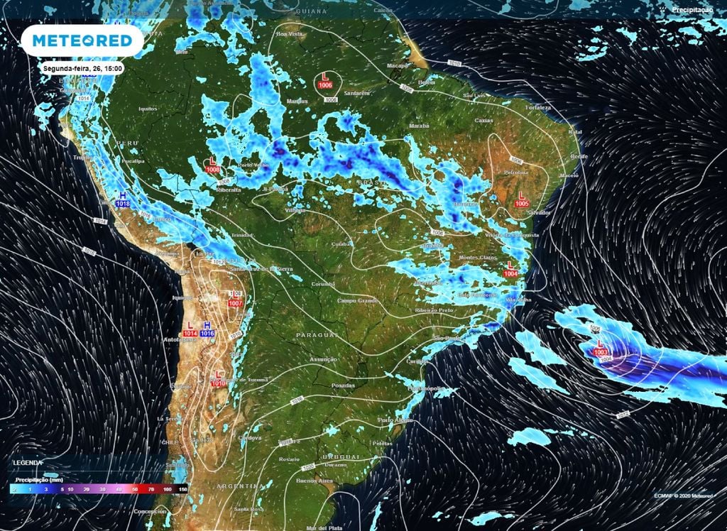 A previsão é de que o sistema de baxia pressão se afaste em direção ao Atlântico, contudo, ainda irá influenciar no tempo em algumas áreas do Brasil.