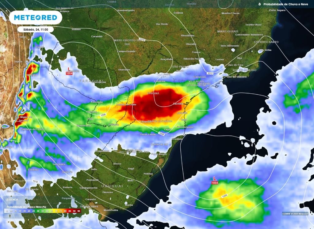 Mapa que mostra as chances de chuva para o final da manhã de sábado (24). Além de apresentar a localização prevista do ciclone.