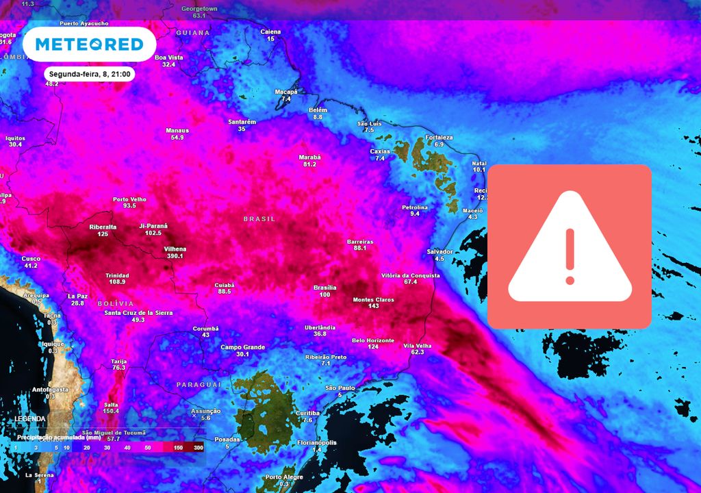 Previsão de acumulados totais de chuva até o final da próxima segunda-feira.