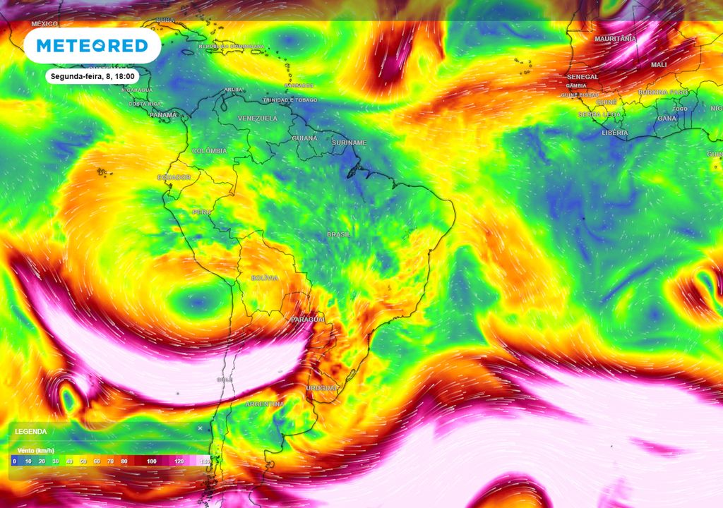 Previsão de ventos na segunda-feira que vem às 18h.