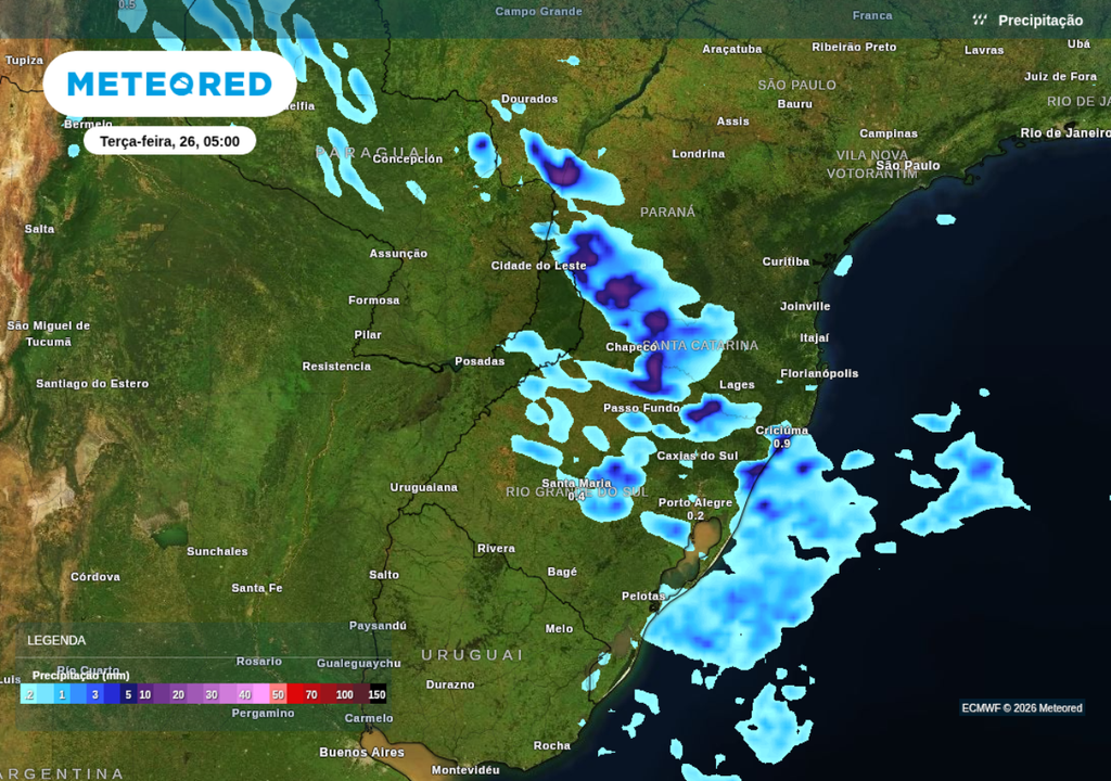Previsão de chuva nesta terça-feira (26), segundo o ECMWF.