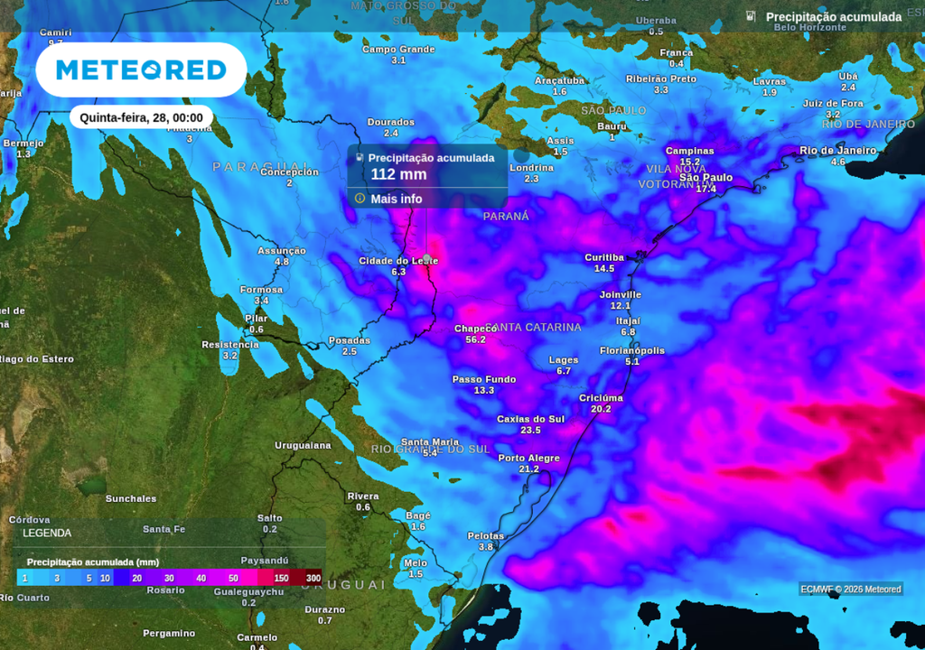 Previsão de chuva acumulada até o final de quarta-feira (27), segundo o ECMWF.