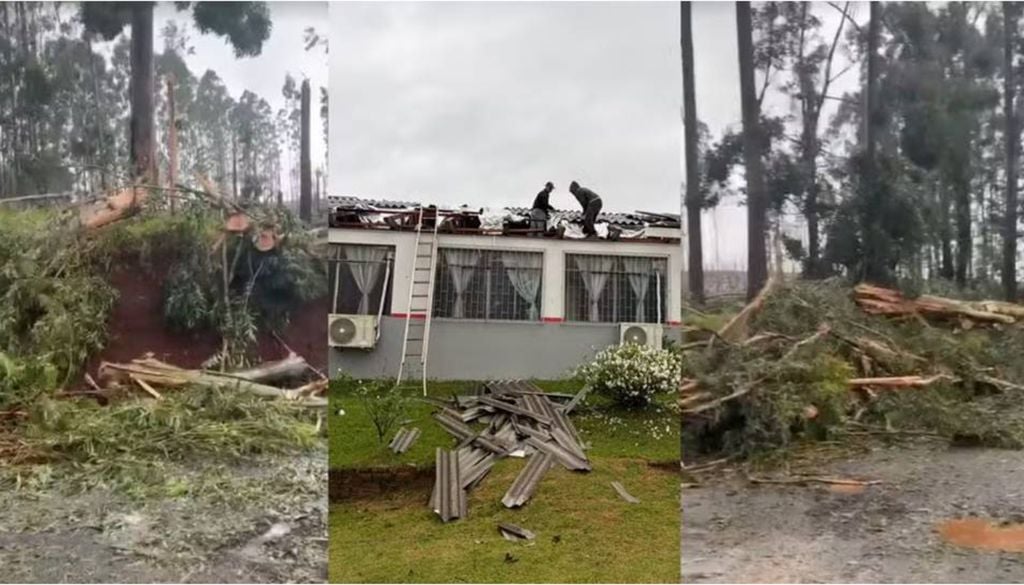 Tempestade com vento forte e granizo em Espigão Alto do Iguaçu (PR) provoca danos em várias propriedades do interior do município. Escola foi destelhada e árvores foram arrancadas. Crédito: Reprodução/Redes Sociais.