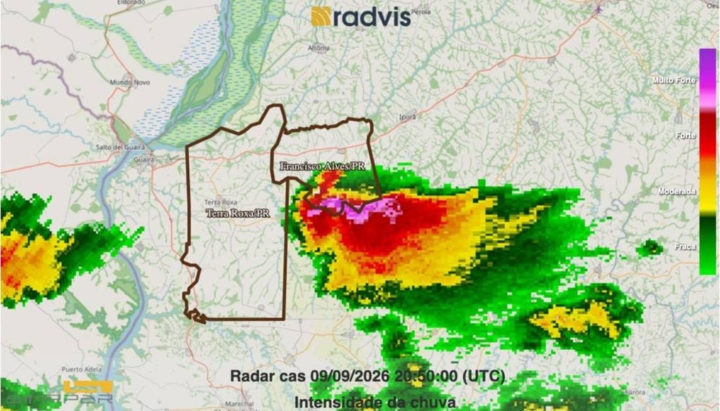 Imagem de radar da intensidade da chuva em 9 de setembro às 20h50 (UTC). Fonte: Simepar.
