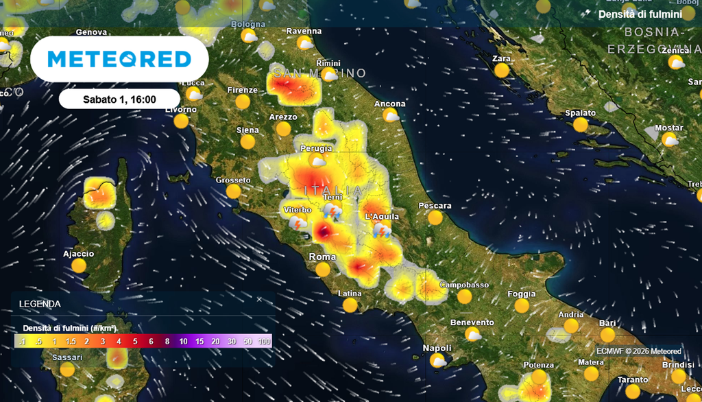 Fulmini al Centro Italia previsti per il pomeriggio di sabato 1 agosto.