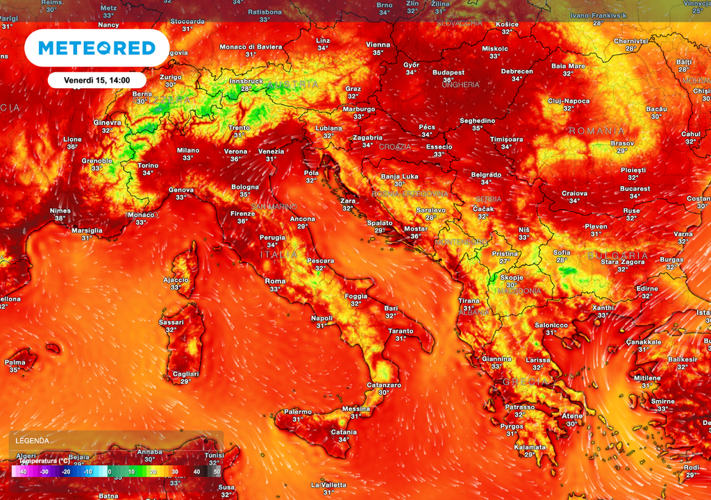 Temperature previste per venerdì 15 agosto alle 14:00, con valori molto elevati su gran parte della Penisola.