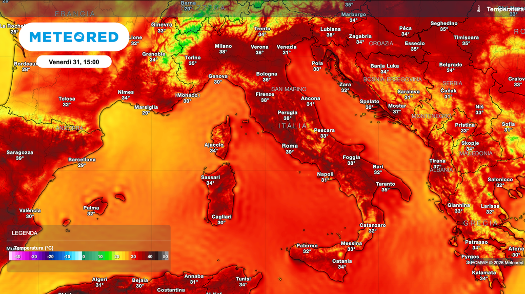 Quarta ondata di caldo estremo per l'Italia Mappa relativa alle temperature previste venerdì 31 luglio alle ore 15
