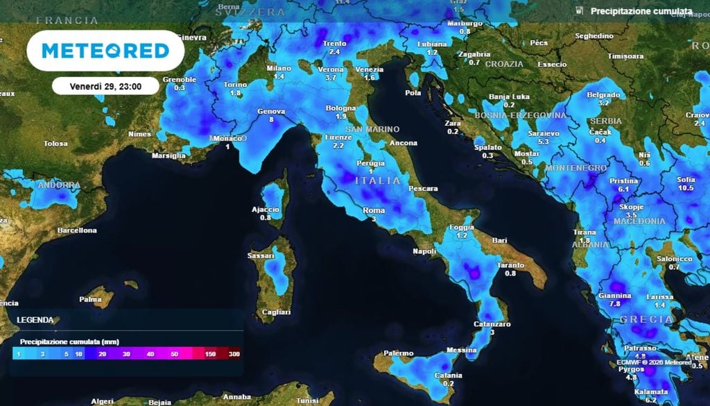 Precipitazioni cumulate fino a venerdì 29 maggio sulla nostra penisola. ECMWF