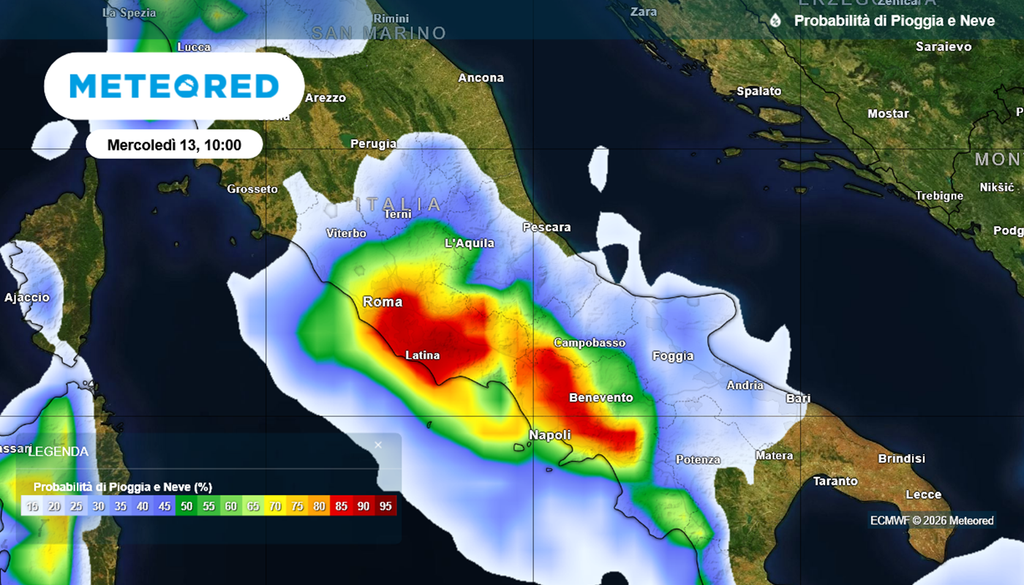 Probabilità di pioggia sul centro-sud Italia intorno alle 10 di mercoledì 13 maggio 2026.