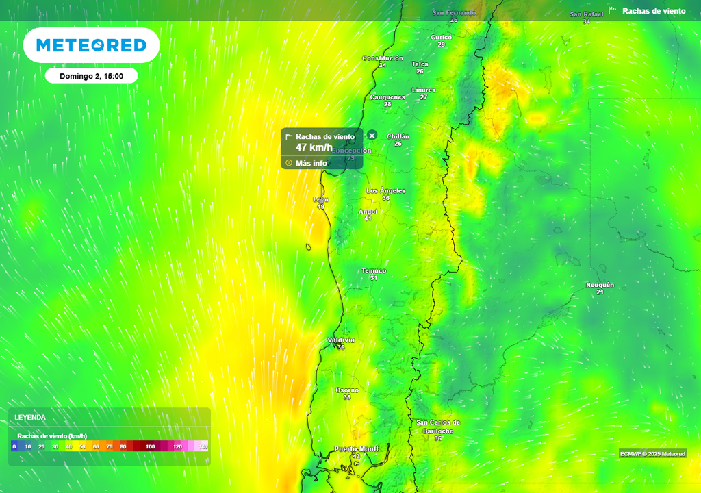 Domingo 02 noviembre con rachas de viento de 50 km/h entre Ñuble y Los Ríos, Chile, Meteored