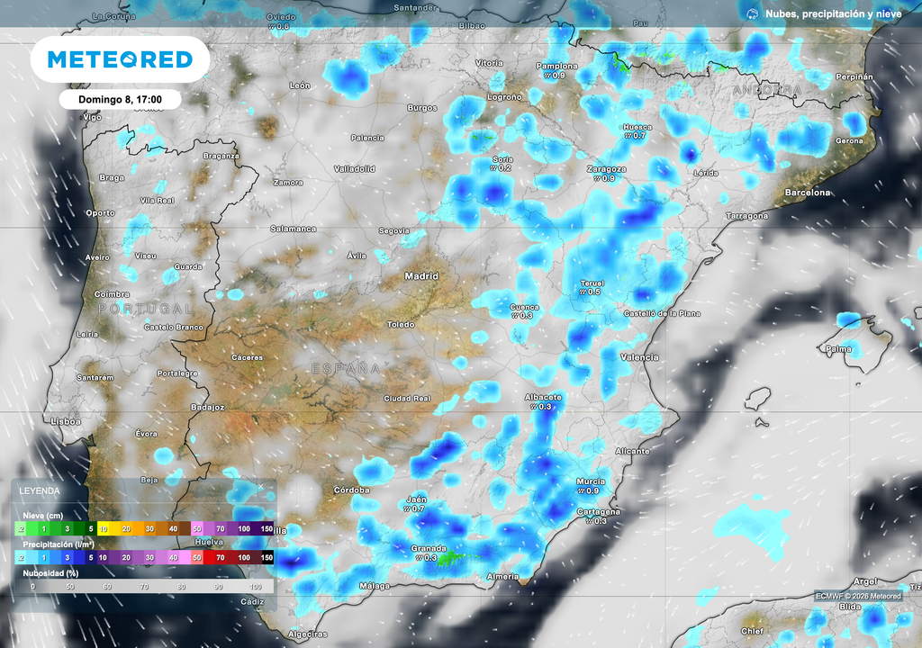 Precipitación acumulada prevista por el modelo europeo para la media tarde de mañana domingo.