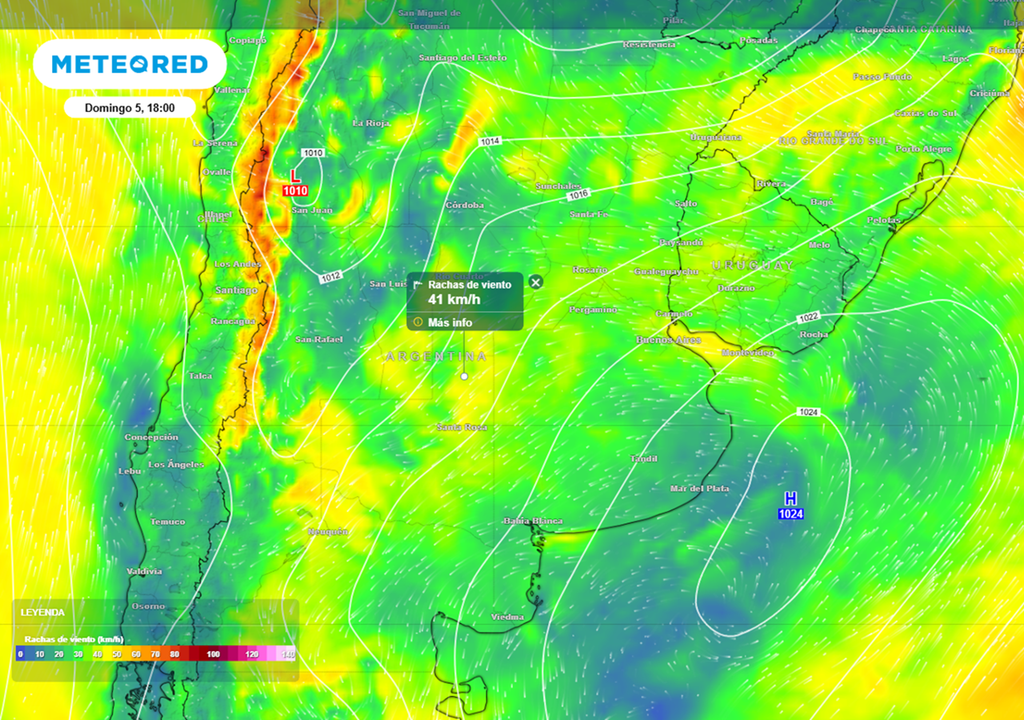 Ráfagas de viento durante la tarde del domingo 5 de abril. Modelo: ECMWF.