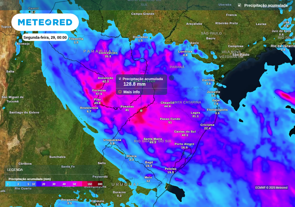 Previsão de chuva acumulada ao longo de domingo (28), segundo o ECMWF.