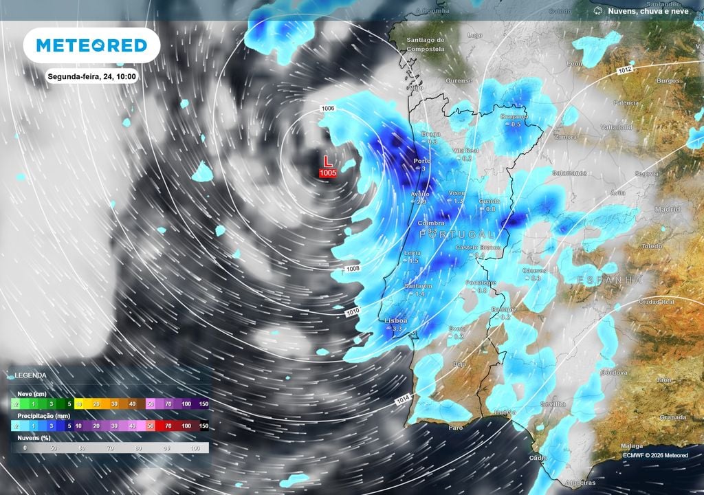 Chuva Na manhã de segunda-feira, o núcleo da depressão estará mais próximo da costa portuguesa. A precipitação torna-se mais abrangente, alcançando grande parte do Norte e Centro e vários setores do interior.