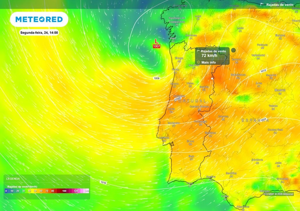 Rajada de vento (km/h) A aproximação do núcleo depressionário deverá provocar um agravamento do vento durante a tarde de segunda-feira, com rajadas generalizadas de 50 a 70 km/h e valores localmente superiores a 70 km/h.