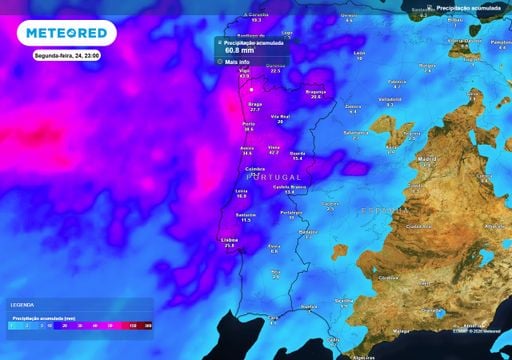 Domingo e segunda-feira 24 em Portugal: mapas da Meteored revelam que depress&atilde;o at&iacute;pica traz chuva, trovoada e vento