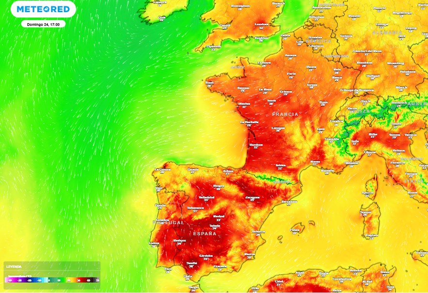 Temperaturas previstas a 2 m para el 24 de mayo de 2026 a las 17 h.o.p., según escala de colores. Tiempo.com