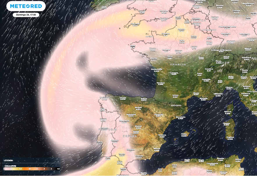 Calima prevista, según escala de colores, para el domingo 24 de mayo de 2026. Tiempo.com