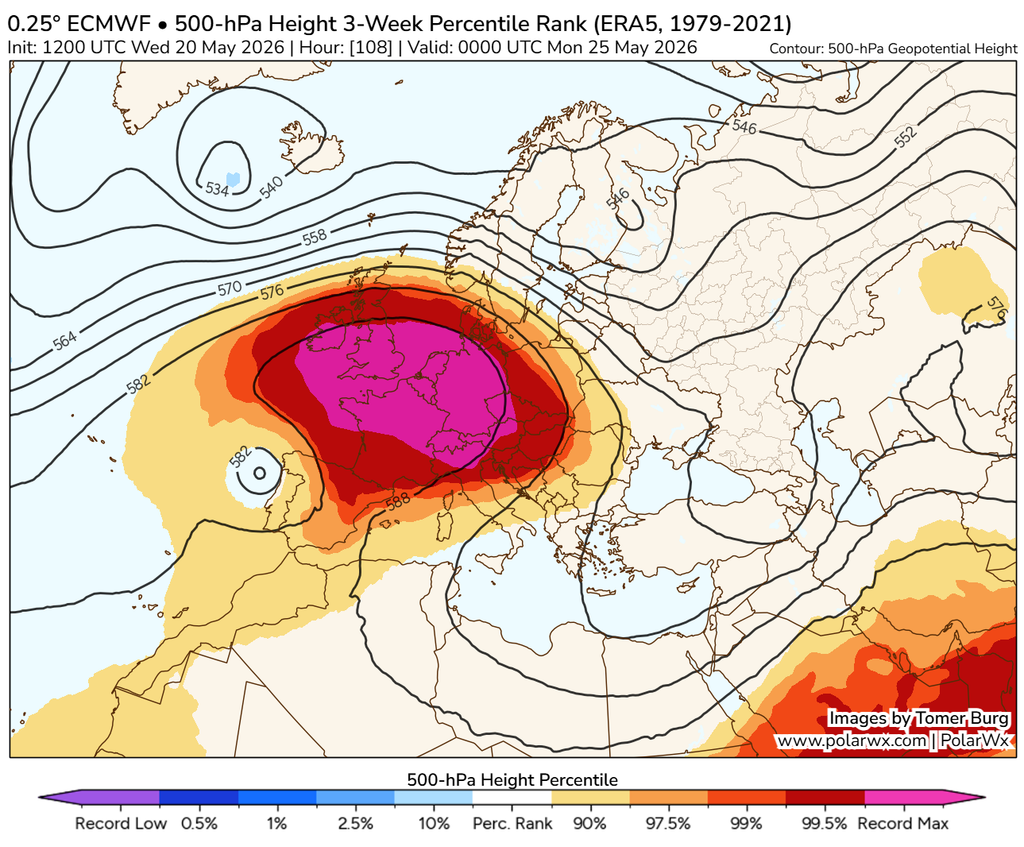 Mapa de 500 hPa/ 5500 m. aprox. previsto para el 25 d mayo de 2026 00 UTC con zonas muy altas presiones de récord en fucsia y rojo, asociadas a un posible domo de calor. Imagen de Tomer Burg
