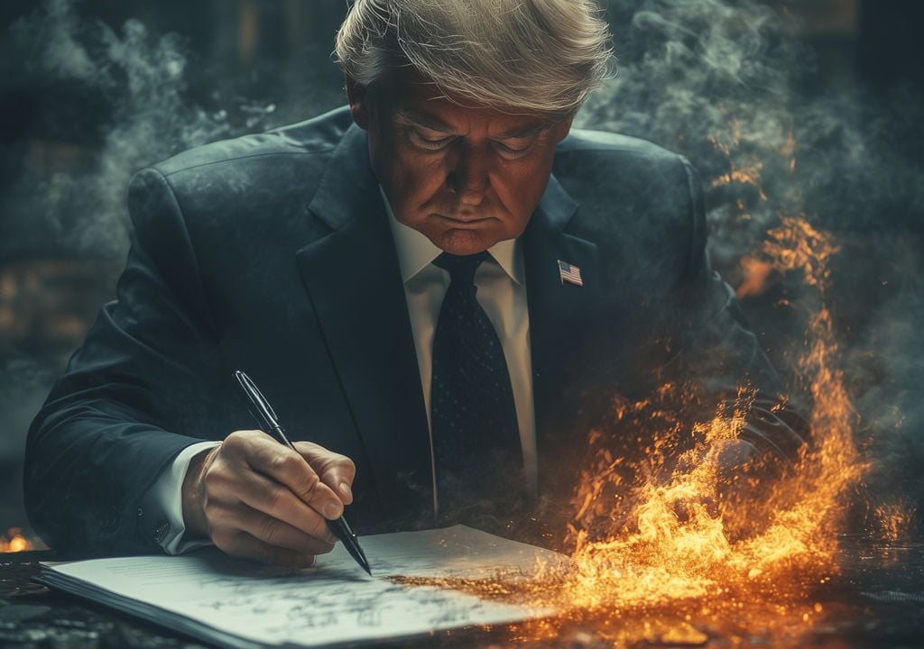 Donald Trump firmando un decreto mientras se incendia, generado por IA.