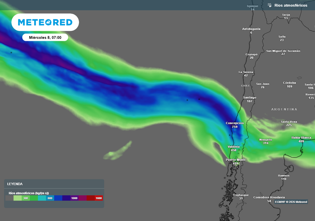 Flujo de humedad asociada a un río atmosférico que afectará a la zona central durante esta semana.