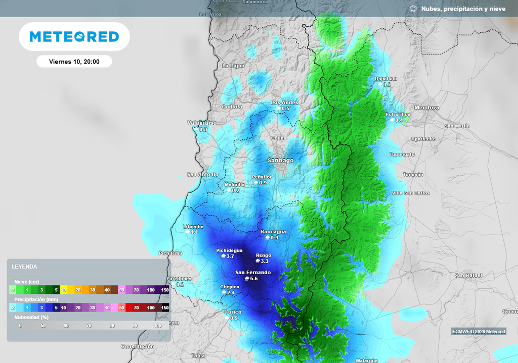 El modelo ECMWF proyecta precipitaciones en Valparaíso y Santiago durante la jornada del viernes 10.