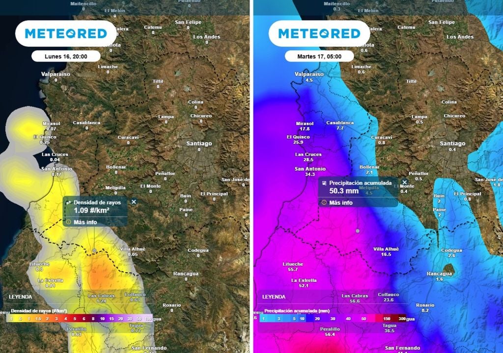 mapas de densidad de rayos / precipitación acumulada El evento podría dejar un acumulado total superior a los 50 mm en sectores aledaños a San Pedro, además de la posible caída de rayos durante la noche del lunes.