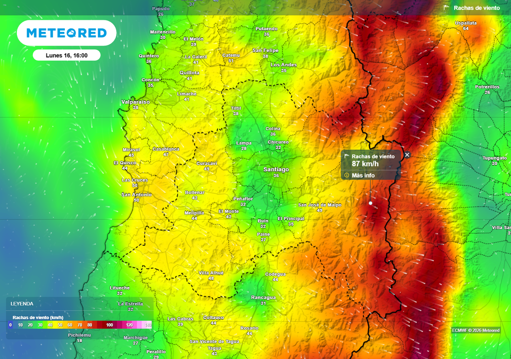 mapa de rachas de viento El modelo europeo indica que podrían alcanzarse rachas de hasta 90 km/h en la alta cordillera de la RM durante la tarde del lunes.