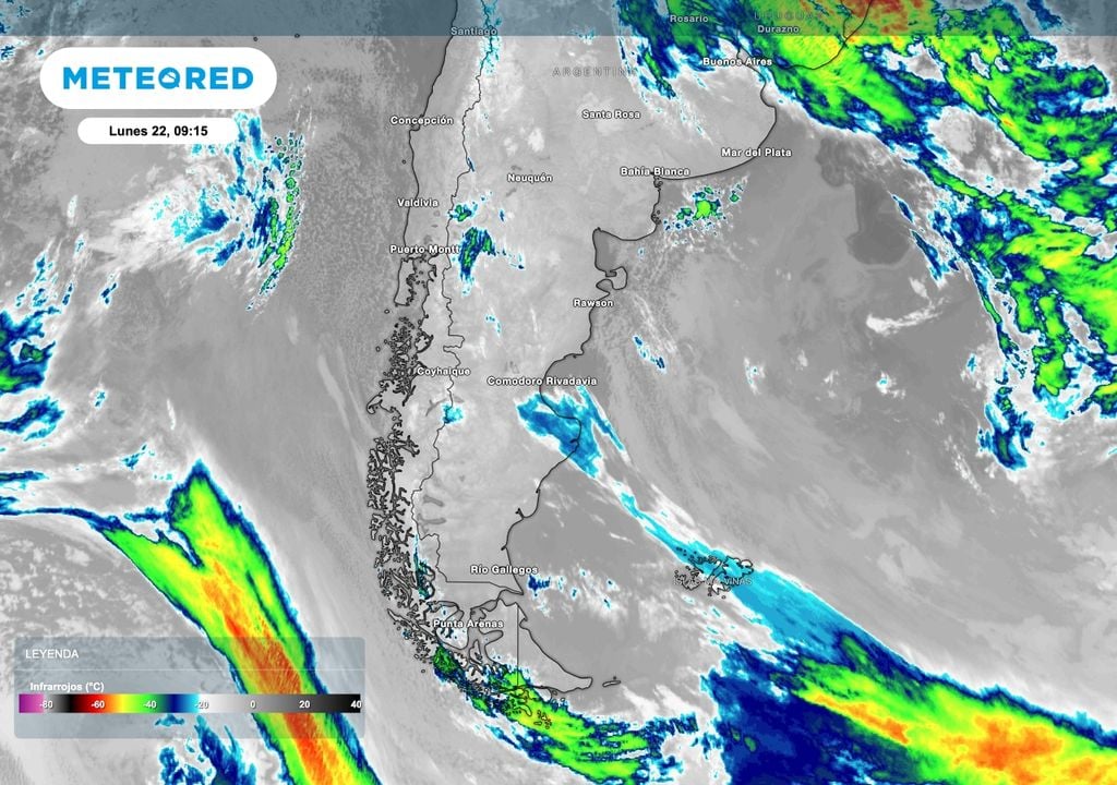 Satelite Patagonia El lunes 22 en el inicio de la semana el dominio de altas presiones permite que gran parte de la Patagonia estará bajo condiciones estables con escasa nubosidad.