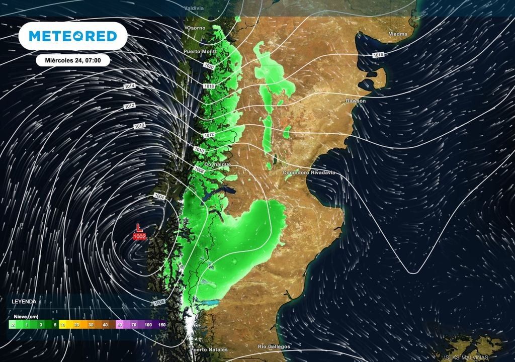 Nieve Patagonia Entre martes 23 y miércoles 24 un sistema de baja presión llagará al sur de la región y producirá una nueva ronda de nevadas cordilleranas. En el centro y norte patagónico será especialmente en niveles medios y altos, y en zonas más bajas hacia el sur. También se esperan algunas nevadas en áreas elevadas de la estepa de Río Negro, Chubut y Santa Cruz.
