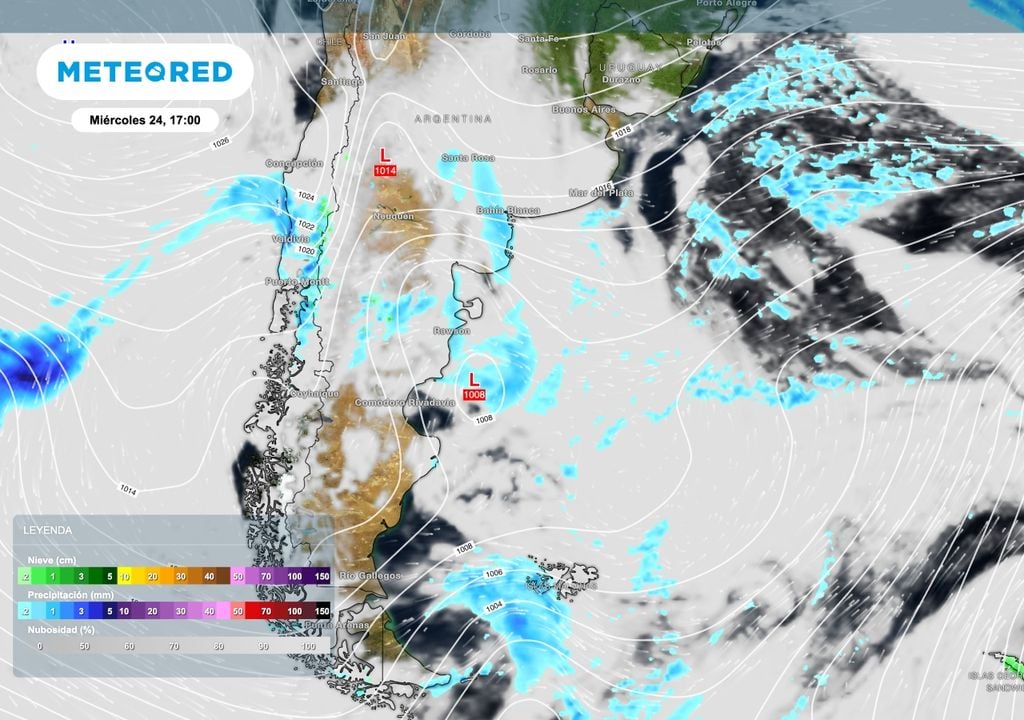 Lluvias costa Patagonia A medida que el frente avance hacia el este se producirán algunas precipitaciones sobre la costa patagónica.