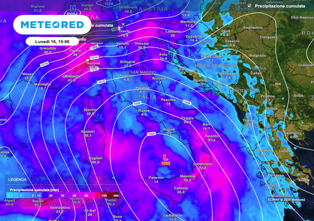L'accumulo di pioggia previsto da ECMWF indica precipitazioni di oltre 100 mm in Liguria. Da notare anche lo stretto ciclone presente al sud.